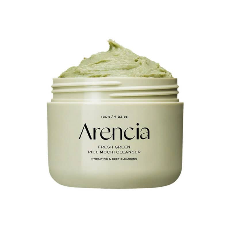 Fresh Green Rice Mochi Cleanser 120g da Arencia em embalagem verde, gel de limpeza facial com arroz verde.