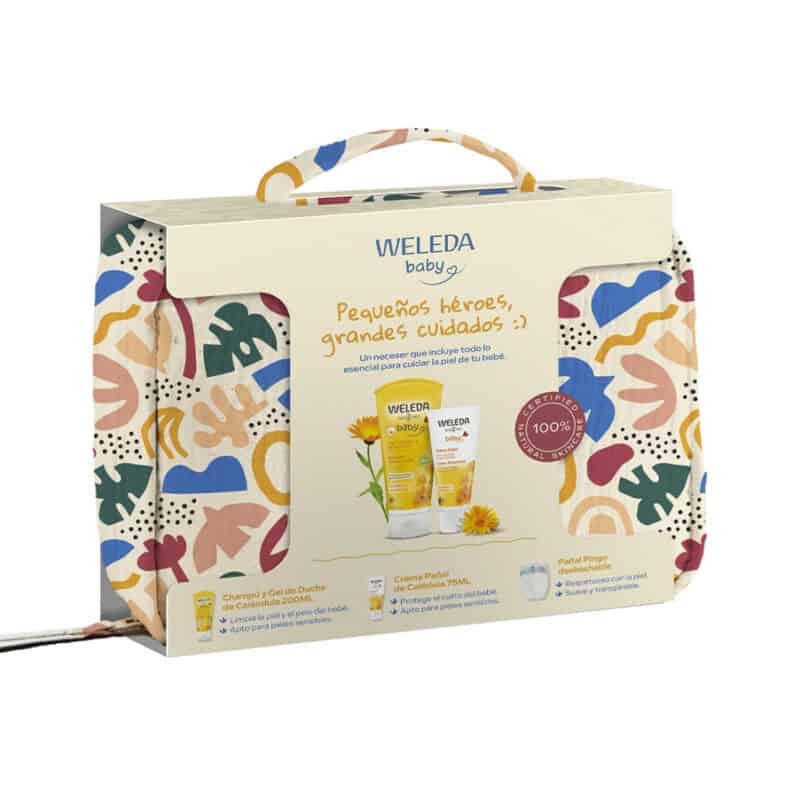 Necessaire Bebé Weleda com shampoo suave e creme muda de fraldas para cuidado diário.