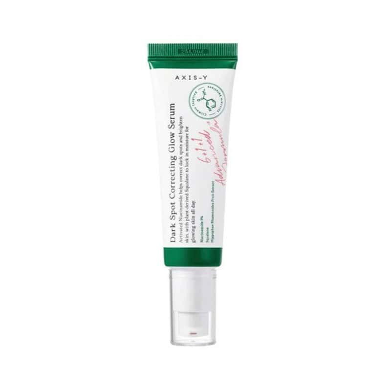 Sérum Dark Spot Correcting Glow 50ml da Axis-Y em frasco pump, formulado para ajudar a uniformizar manchas e iluminar a pele.