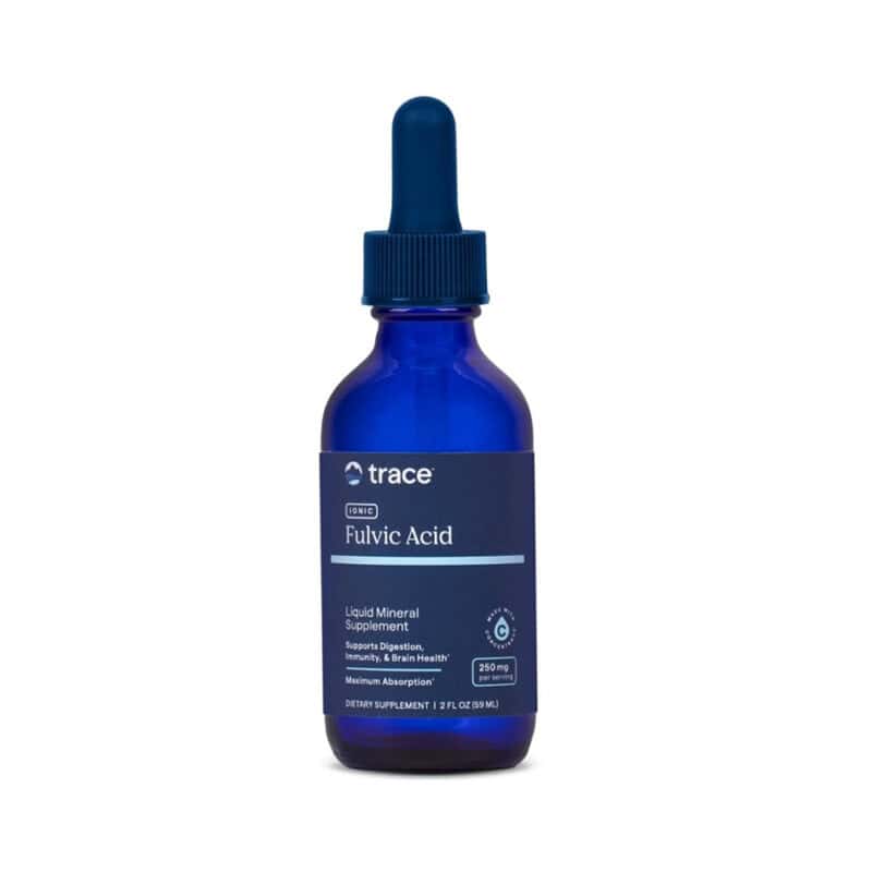 Ionic Fulvic Acid 250mg 59ml da Trace Minerals em frasco com conta-gotas, suplemento líquido concentrado de ácido fúlvico.