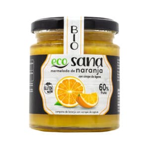 Compota Extra de Laranja Bio 225g da Ecosana em frasco de vidro com laranja biológica.