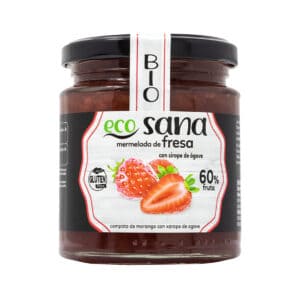 Compota Extra de Morango Bio 255g da Ecosana em frasco de vidro com morangos biológicos.