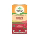Infusão Moringa e Hibisco 25 saquetas Organic India, chá herbal em embalagem sustentável.