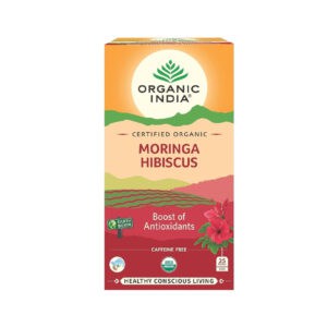 Infusão Moringa e Hibisco 25 saquetas Organic India, chá herbal em embalagem sustentável.