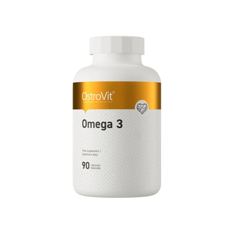Ómega 3 90 Cápsulas OstroVit, suplemento alimentar à base de óleo de peixe, fonte de ácidos gordos ómega-3 EPA e DHA, em cápsulas softgel.