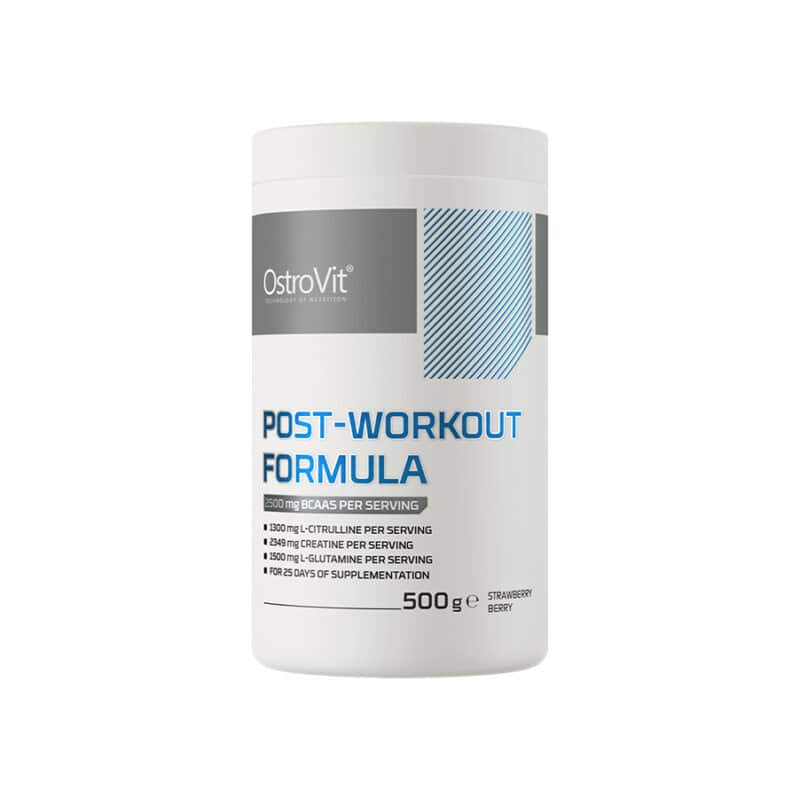 Post-Workout Formula 500 g sabor morango silvestre e mirtilo, suplemento pós-treino em pó.