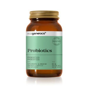 Probiotics 60 Cápsulas Ecogenetics com probióticos e prebióticos para apoiar o equilíbrio da flora intestinal e o bem-estar digestivo.