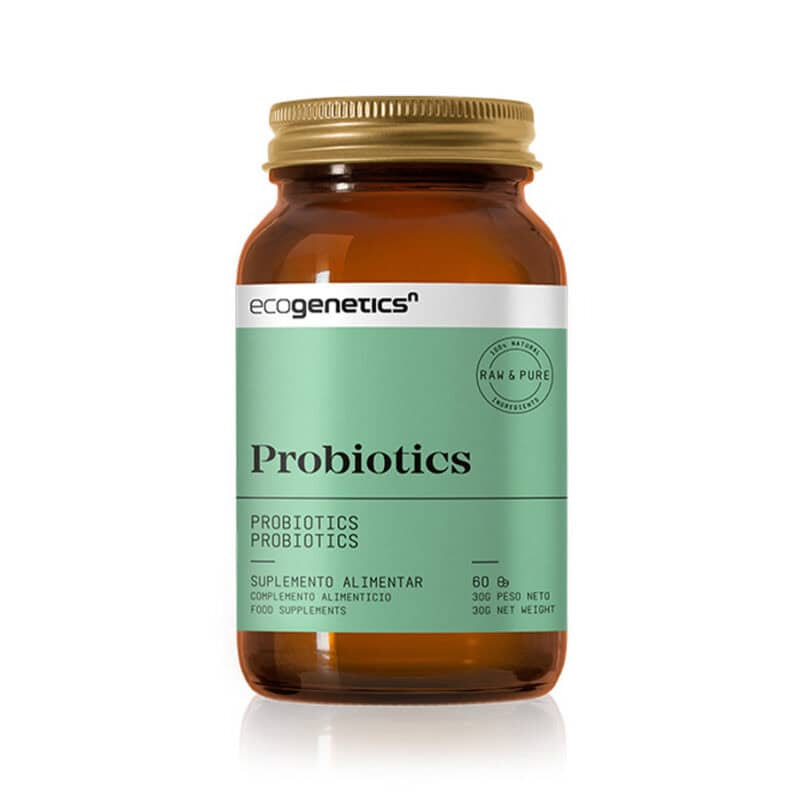 Probiotics 60 Cápsulas Ecogenetics com probióticos e prebióticos para apoiar o equilíbrio da flora intestinal e o bem-estar digestivo.