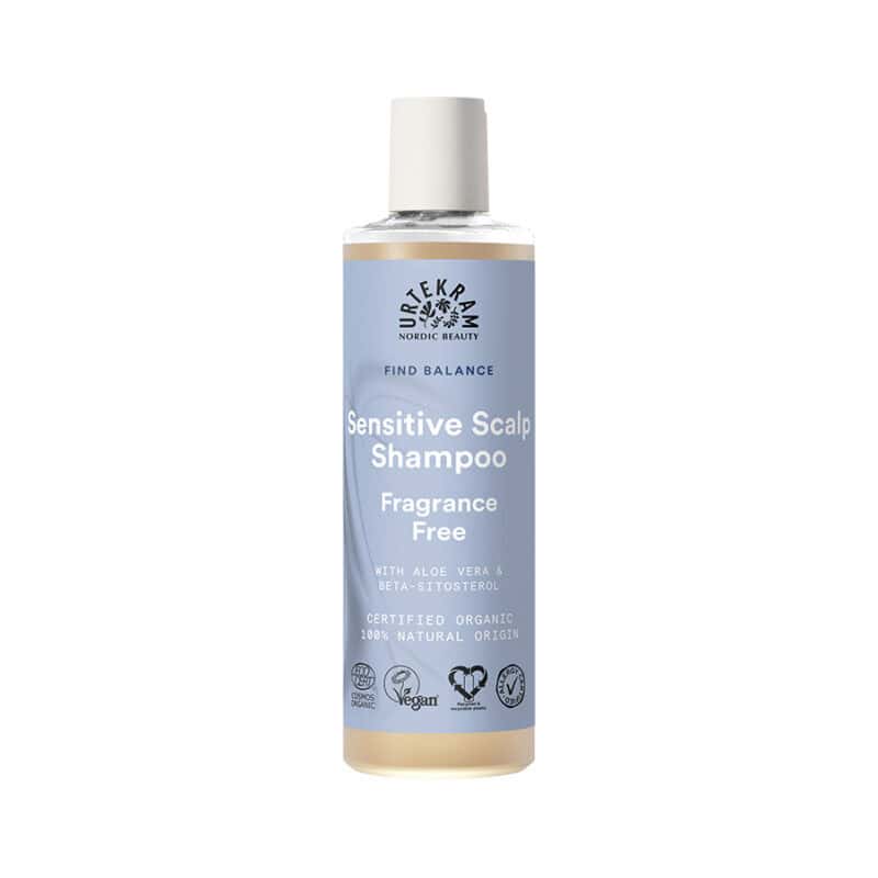 Shampoo sem fragrância para couro cabeludo sensível 250ml da Urtekram em frasco verde.