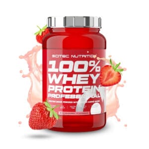 100% Whey Protein Professional Morango 920 g da Scitec Nutrition em embalagem vermelha, com proteína de soro de leite em pó e sabor a morango.
