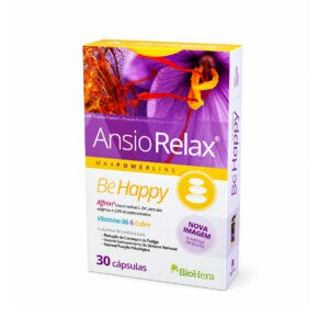 AnsioRelax Be Happy Affron BioHera em embalagem de 30 cápsulas, suplemento alimentar com açafrão, vitamina B6 e cobre.