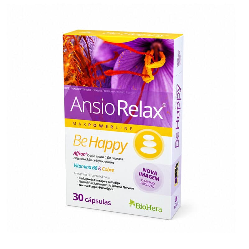 AnsioRelax Be Happy Affron BioHera em embalagem de 30 cápsulas, suplemento alimentar com açafrão, vitamina B6 e cobre.