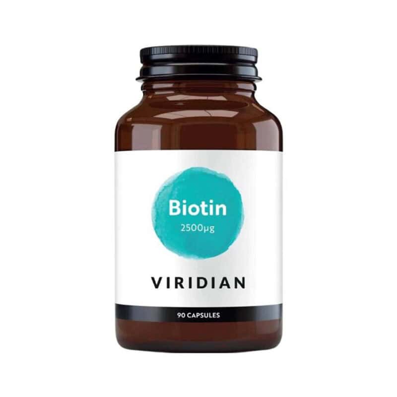 Biotina 2500mcg 90 cápsulas Viridian, suplemento alimentar em cápsulas para apoio à beleza do cabelo, pele e unhas.
