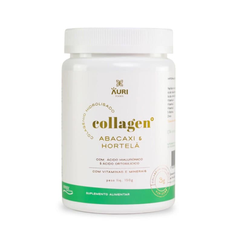Collagen Verisol Abacaxi e Hortelã 150gr Auri Foods, suplemento alimentar com colagénio hidrolisado, ácido hialurónico, biotina e sabor a abacaxi e hortelã.