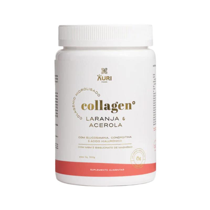 Collagen Laranja com Acerola 300gr Auri Foods, suplemento alimentar com colagénio hidrolisado, vitamina C, ácido hialurónico e sabor a laranja com acerola.