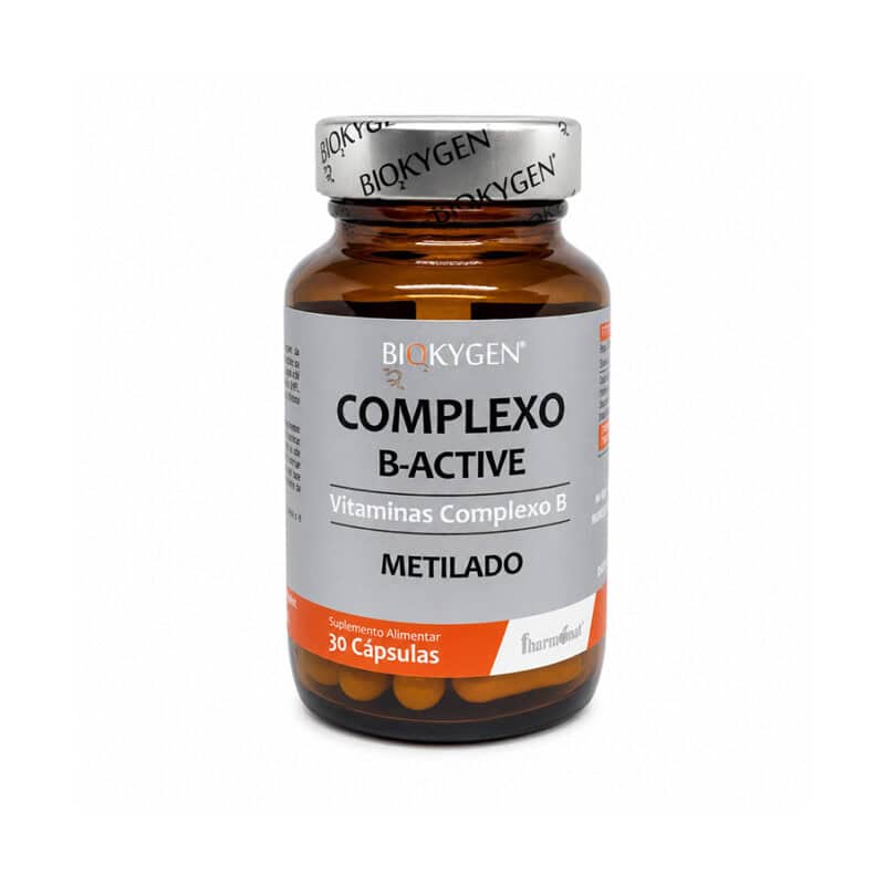 Complexo B-Active 30 Cápsulas Biokygen, suplemento com vitaminas do complexo B em formas ativas e metiladas para energia e sistema nervoso.