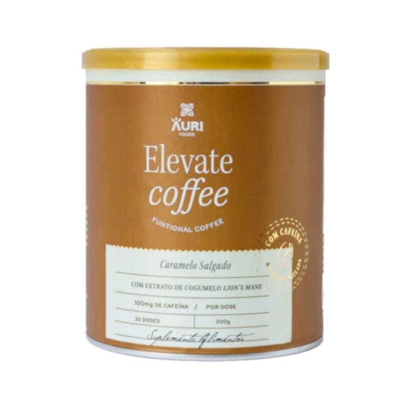 Elevate Coffee Caramelo Salgado 300gr Auri Foods, café funcional em pó com 100 mg de cafeína por dose, Lion’s Mane, taurina e vitaminas do complexo B.