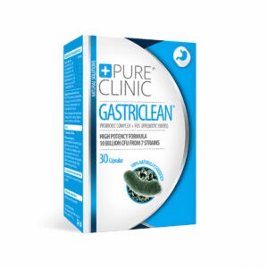 Gastriclean Pure Clinic CHI em embalagem de 30 cápsulas, suplemento alimentar com probióticos e FOS.