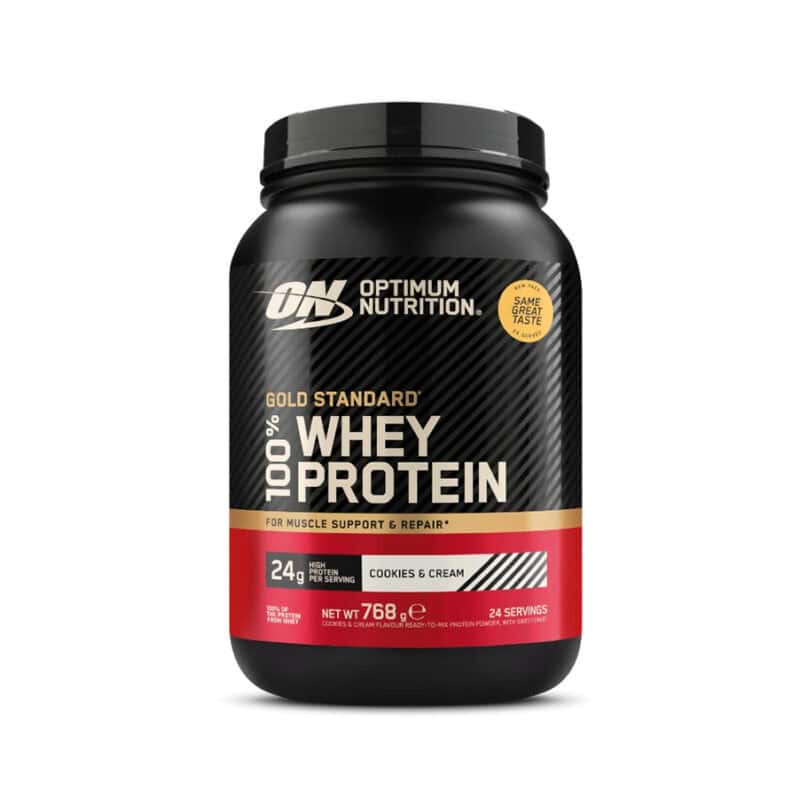 Gold Standard 100% Whey Cookies and Cream 768gr Optimum Nutrition, proteína whey em pó com sabor a bolacha e creme.