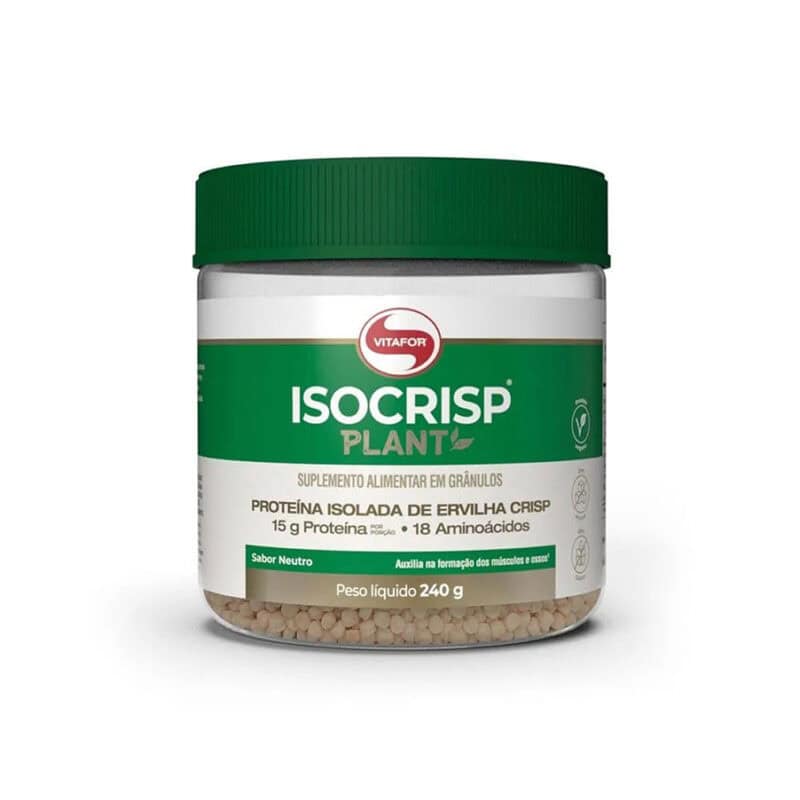 Isocrisp Plant Neutro 240 g da Vitafor, proteína vegetal crocante em pote, ideal para complementar refeições e snacks.