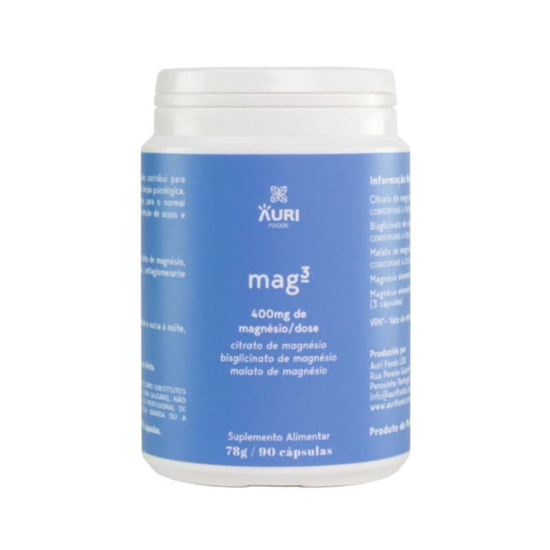 Mag3 90 Cápsulas Auri Foods, suplemento de magnésio com bisglicinato, citrato e malato para apoio diário.