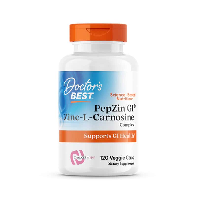 Doctor's Best Zinc-L-Carnosine Complex com 120 cápsulas vegetais, suplemento alimentar com zinco e L-carnosina para suporte gastrointestinal.