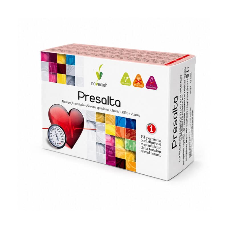Presalta 60 Cápsulas NovaDiet, suplemento com alho negro fermentado, aronia, oliveira, Pleurotus cystidiosus e potássio para apoio à pressão arterial normal.