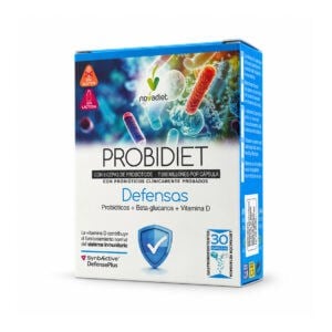 Probidiet Defensas 30 cápsulas da NovaDiet, suplemento alimentar com 8 estirpes probióticas, beta-glucanos e vitamina D.