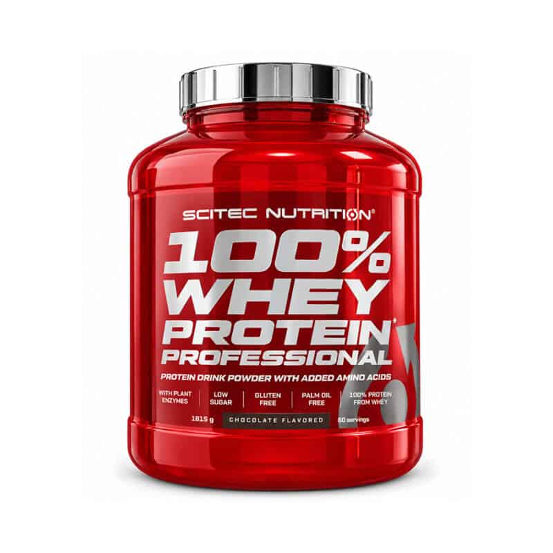 100% Whey Protein Professional sabor chocolate 1816gr da Scitec Nutrition, suplemento de proteína de soro de leite em pó.