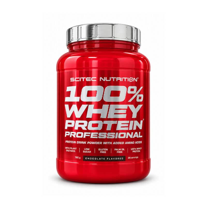 100% Whey Protein Professional sabor chocolate 780gr da Scitec Nutrition, suplemento de proteína de soro de leite em pó.