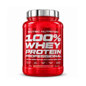 100% Whey Protein Professional Morango 780gr da Scitec Nutrition em embalagem vermelha, com proteína de soro de leite em pó e sabor a morango.