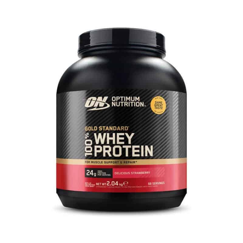 Embalagem de Gold Standard 100% Whey Morango 2,04 kg da Optimum Nutrition, proteína whey em pó de rápida absorção para apoio ao crescimento e recuperação muscular.
