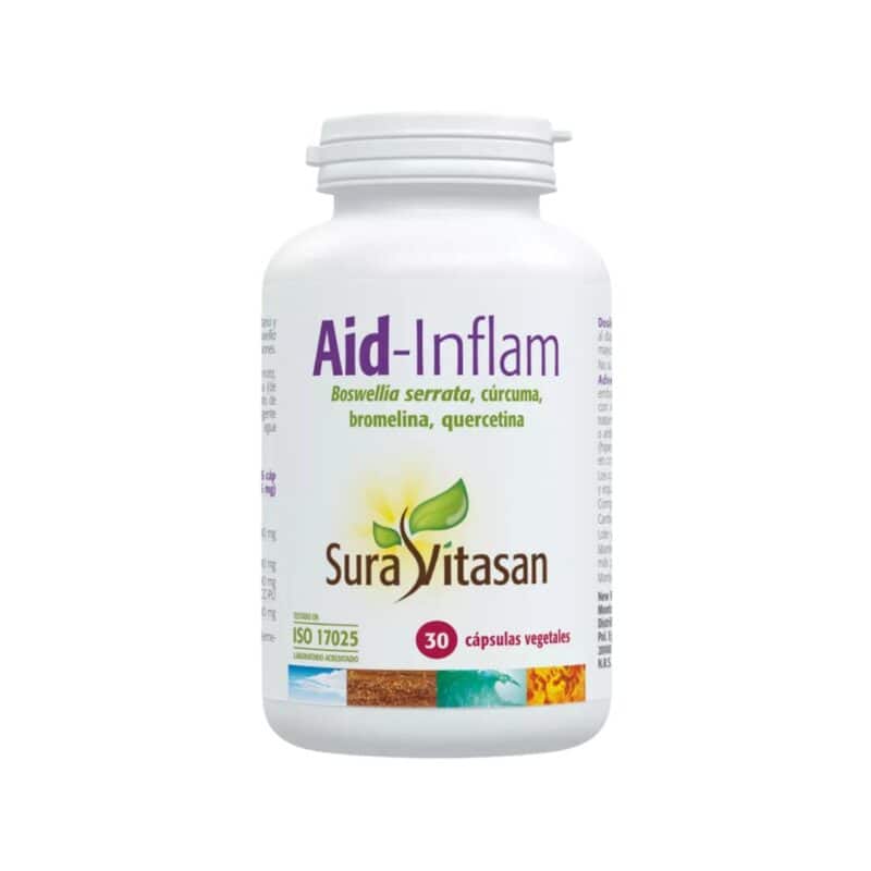 Aid-Inflam 30 Cápsulas Sura Vitasan, suplemento com boswellia, curcuma, quercetina e bromelina.