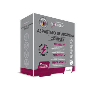 Aspartato de Arginina Complex Maracujá 20 Ampolas Biokygen, suplemento líquido com aspartato de arginina e vitaminas do complexo B para energia e vitalidade.
