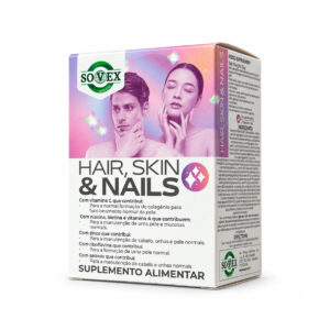 Cabelo, Pele e Unhas Sovex, suplemento alimentar em embalagem de 60 cápsulas.