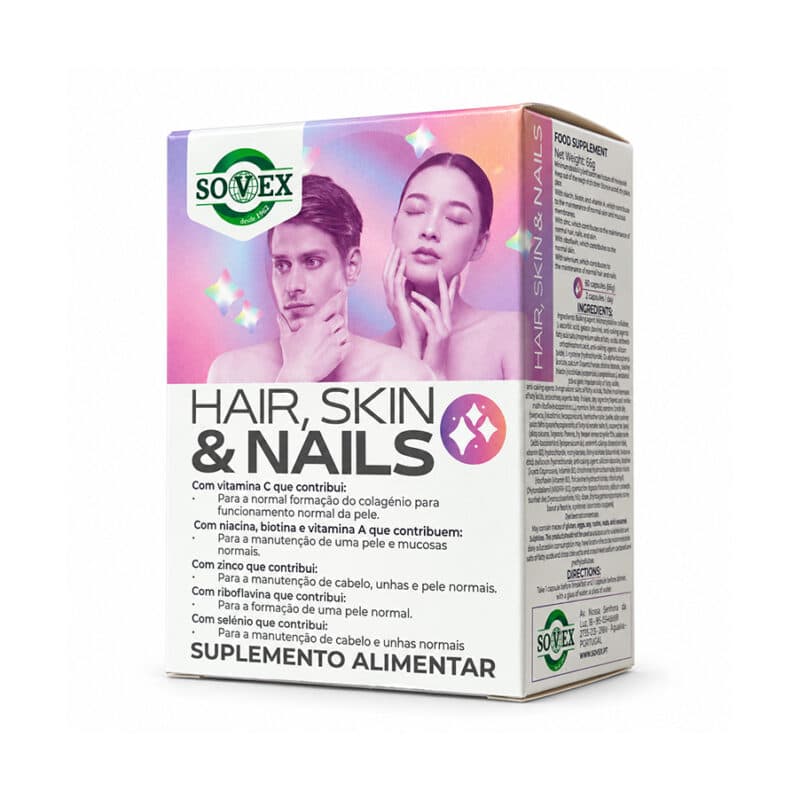 Cabelo, Pele e Unhas Sovex, suplemento alimentar em embalagem de 60 cápsulas.