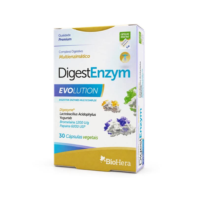 Digest Enzym Evolution BioHera, suplemento alimentar com enzimas digestivas, em embalagem de 30 cápsulas.