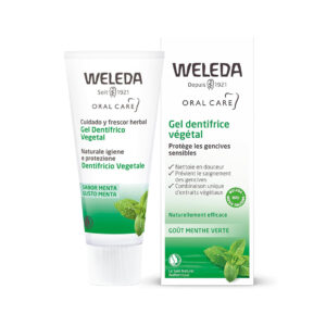 Gel Dentífrico Vegetal 75ml Weleda, pasta de dentes natural com sílica, camomila, mirra e ratânia para higiene oral diária.