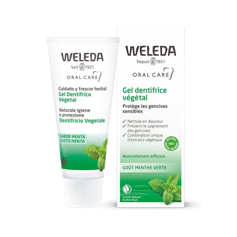 Gel Dentífrico Vegetal 75ml Weleda, pasta de dentes natural com sílica, camomila, mirra e ratânia para higiene oral diária.
