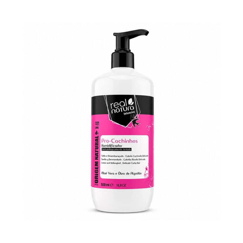 Humidificador Pro-Cachinhos 500ml Real Natura, cuidado infantil sem enxaguamento com óleo vegetal de algodão e glicerina para cabelos cacheados.