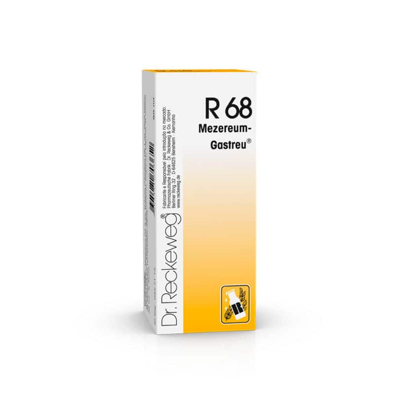 R68 Mezereum-Gastreu Gotas Orais 50ml Dr. Reckeweg em frasco de vidro com conta-gotas.