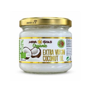Óleo de Coco Biológico Extra Virgem Maya Gold em frasco de 250 g, prensado a frio.