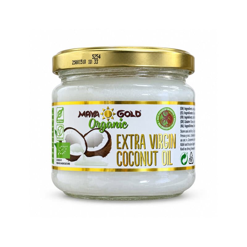 Óleo de Coco Biológico Extra Virgem Maya Gold em frasco de 250 g, prensado a frio.