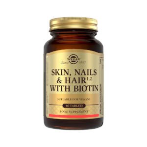 Pele, Cabelo e Unhas com Biotina Solgar em frasco de 60 comprimidos.