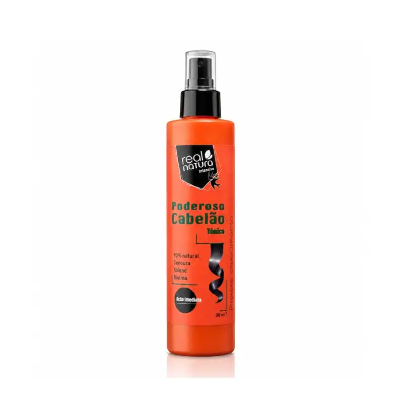 Tónico Poderoso Cabelão 200ml Real Natura, tónico capilar com biotina, óleo de cenoura e extratos vegetais para fortalecer o cabelo.