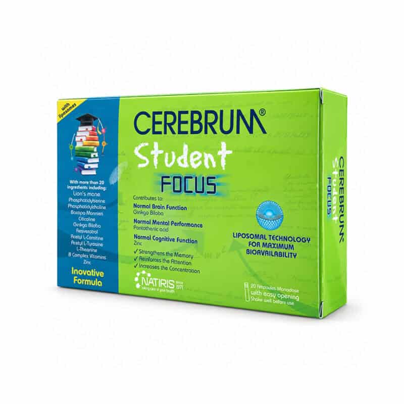 Cerebrum Student Focus 20 ampolas da Natiris, suplemento alimentar em formato líquido desenvolvido para estudantes e períodos de maior exigência mental.