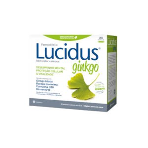 Lucidus Ginkgo 30 Ampolas Farmodiética suplemento alimentar líquido com ginkgo biloba, bacopa, coenzima Q10 e vitaminas do complexo B.