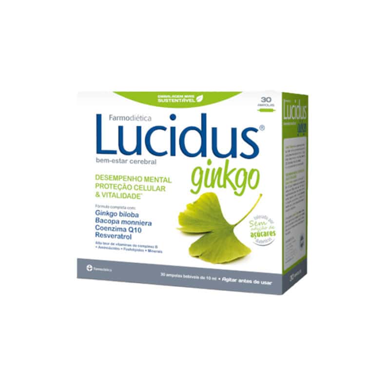 Lucidus Ginkgo 30 Ampolas Farmodiética suplemento alimentar líquido com ginkgo biloba, bacopa, coenzima Q10 e vitaminas do complexo B.