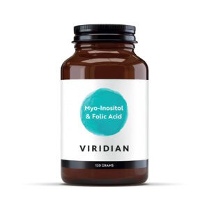 Mio-inositol e Ácido Fólico 120gr Viridian, suplemento alimentar em pó vegan com mio-inositol e ácido fólico.