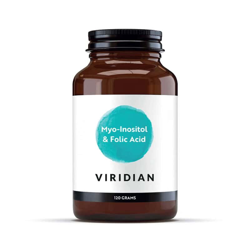 Mio-inositol e Ácido Fólico 120gr Viridian, suplemento alimentar em pó vegan com mio-inositol e ácido fólico.